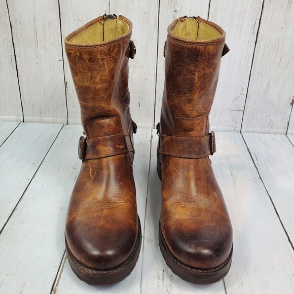Frye 'Veronica' Back Zip Moto Boot Brown Women's Size 7B Leather Distressed GUC - Picture 6 of 16